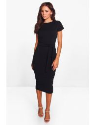 Pleat front belted tailored midi sale dress