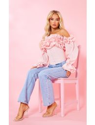 Shop Baby Pink Ruffle Hem Off Shoulder Long Sleeve Blouse