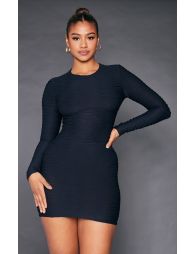 Black Textured Crew Neck Long Sleeve Bodycon Dress