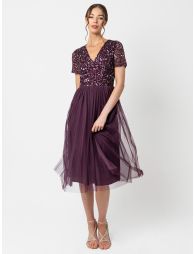 Shop Maya Berry V Neckline Embellished Midi Dress Online in Kuwait VogaCloset