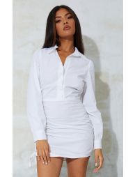 White Ruched Side Shirt Dress