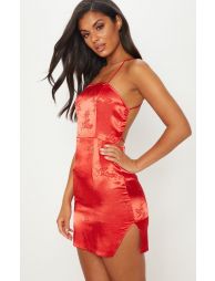 Silver satin oriental lace up back bodycon dress discount