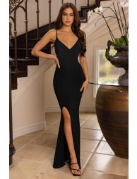 black plunge neck maxi dress