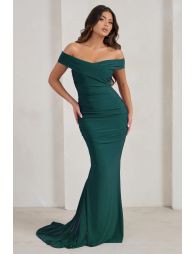 Bottle green bardot ruched fishtail store maxi dress