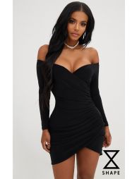 Shape navy ruched bardot bodycon dress discount
