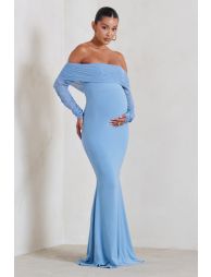 Count Down | Powder Blue Maternity Ruched Mesh Bardot Jumpsuit