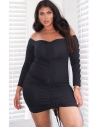 Charcoal grey ribbed long sleeve outlet bardot ruched bodycon dress