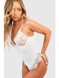 Eyelash Lace And Stripe Mesh Bodysuit