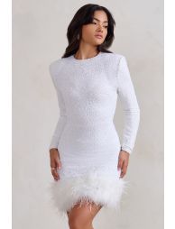 Claudia Black Sequin High Neck Feather Hem Mini Dress With Long Slee – Club  L London - USA