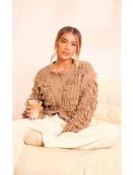 Shop Taupe Loop Knit Crew Neck Button Up Cardigan Online in Shop Taupe Loop Knit Crew Neck Button Up Cardigan Online in