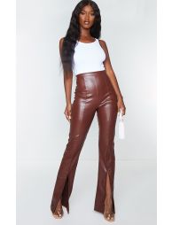 Black Faux Leather Seam Detail Split Hem Trousers