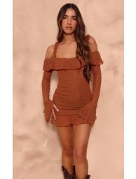 Shop Chocolate Textured Bardot Frill Hem Bodycon Dress Online in Saudi Arabia VogaCloset