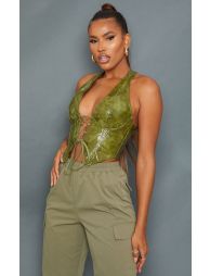 Olive Washed Faux Leather Lace Up Plunge Halterneck Top