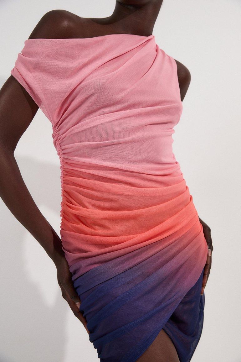 Sunset Ombre Mesh Asymmetric Draped Jersey Mini Dress | ملابس | فساتين | فساتين سهرة Sunset Ombre Mesh Asymmetric Draped Jersey Mini Dress | ملابس | فساتين | فساتين سهرة