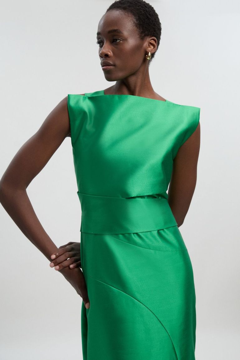 Satin Twill Draped Waist Structured Tailored Maxi Dress | ملابس | فساتين | Premium Dresses Satin Twill Draped Waist Structured Tailored Maxi Dress | ملابس | فساتين | Premium Dresses