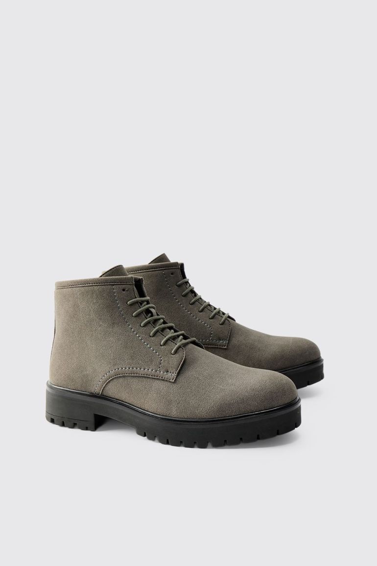 Faux Suede Chunky Sole Lace Up Boot - grey BoohooMAN Grey  display picture 2