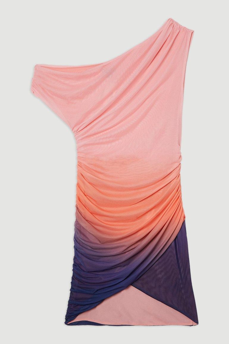 Sunset Ombre Mesh Asymmetric Draped Jersey Mini Dress | ملابس | فساتين | فساتين سهرة Sunset Ombre Mesh Asymmetric Draped Jersey Mini Dress | ملابس | فساتين | فساتين سهرة