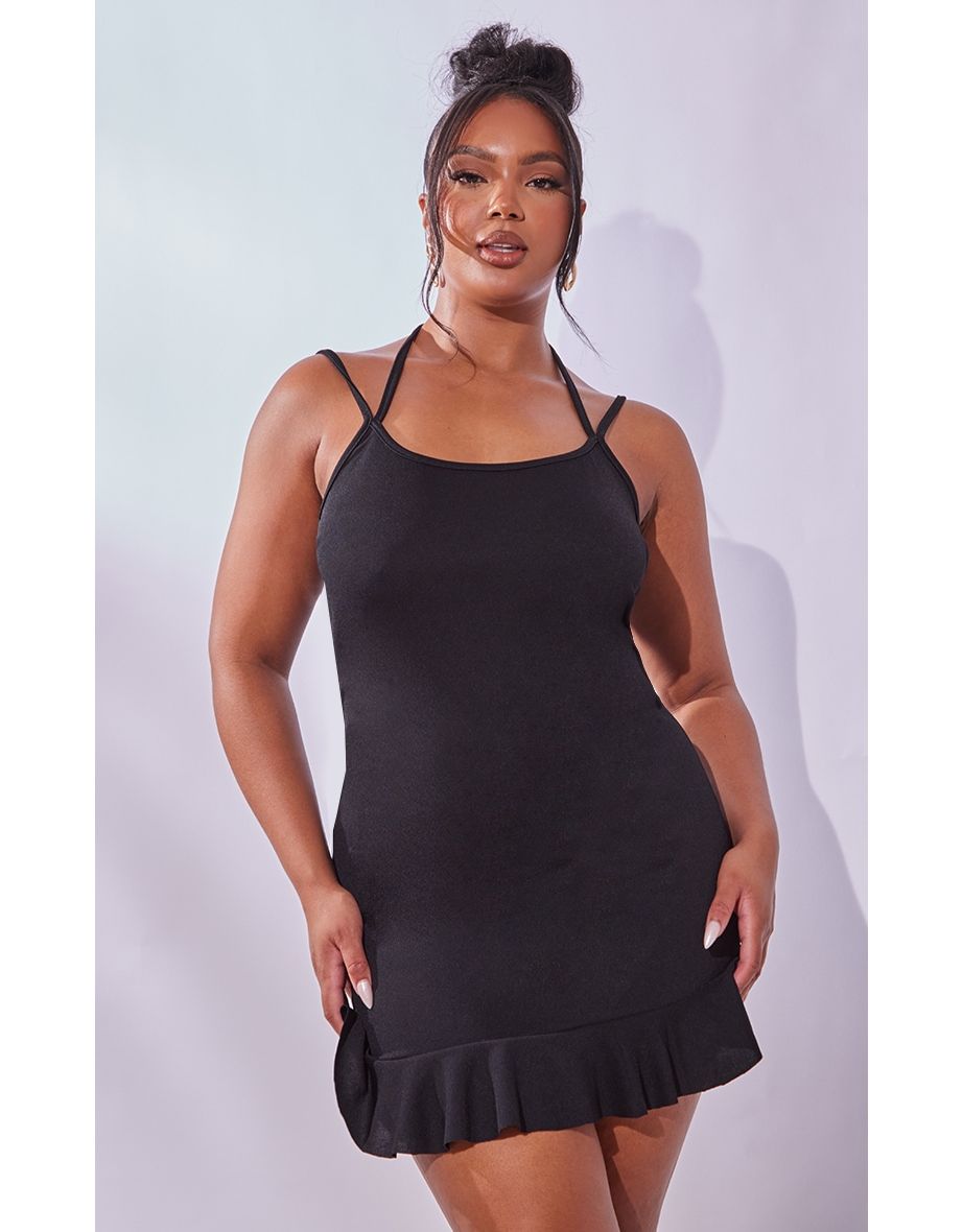Plus Black Ruffle Hem Tie Neck Detail Bodycon Dress