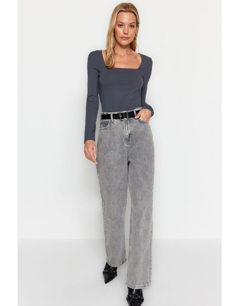 Anthracite Cotton Square Collar Regular Fit Knitted top
