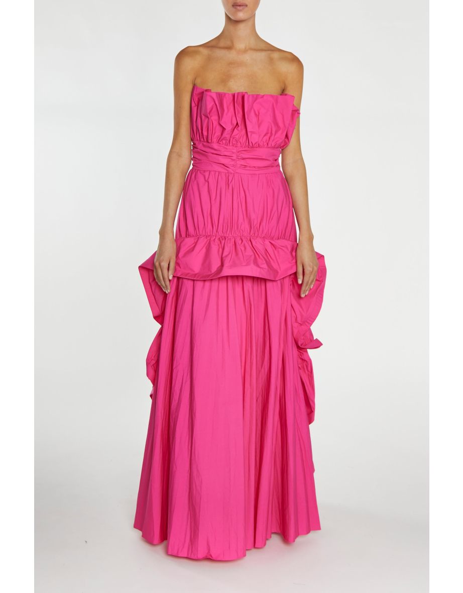 Clarissa Magenta-Pink Bandeau Pleated Ruffle Maxi-Dress