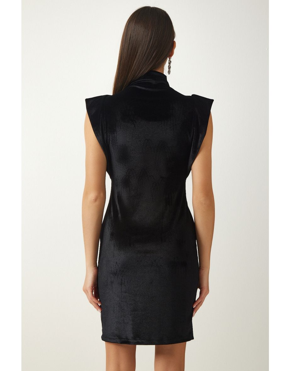 Women's Black High Collar Stylish Velvet Dress - 5