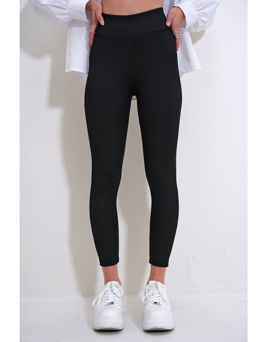 Women's Black High Waist Ribbed Lycra Leggings - 4