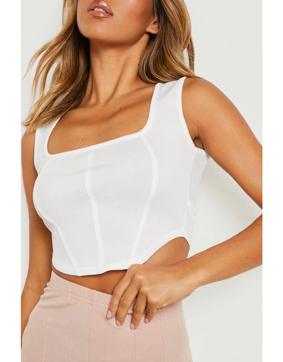 Wide Strap Square Neck Rib Corset Top - off white - 3