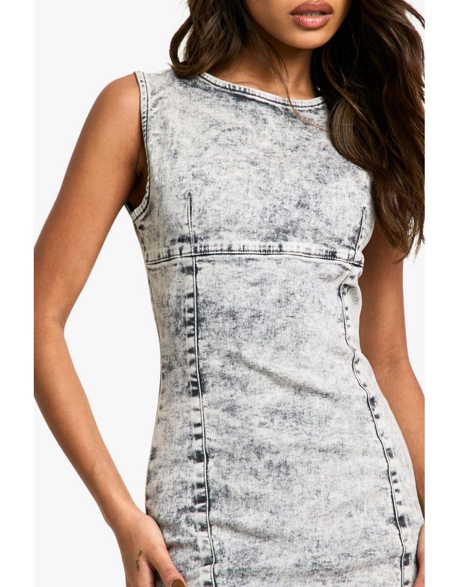 Stretch Denim Seam Detail Acid Wash Mini Dress - acid wash black - 3