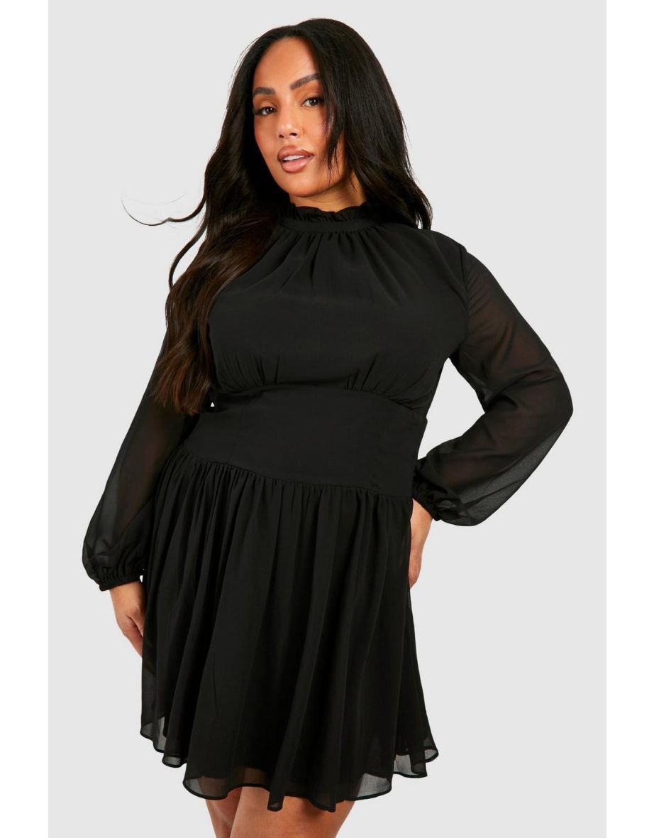 Plus Chiffon Blouson Sleeve Skater Dress - black