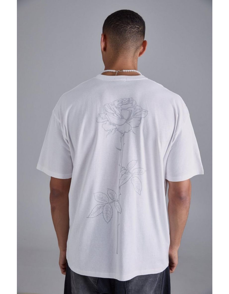Oversized Line Drawing Rose Stem Print T-shirt - white