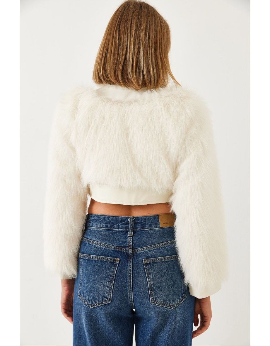 Women's Leather Garni Detailed Crop Faux Fur Jacket - 6