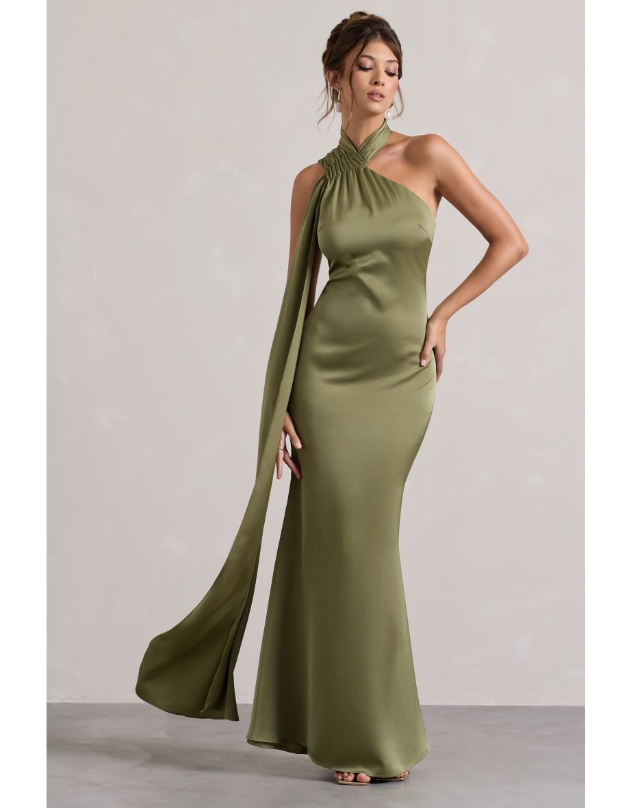 Sancia | Olive Satin Asymmetric Dress With Sash - 4