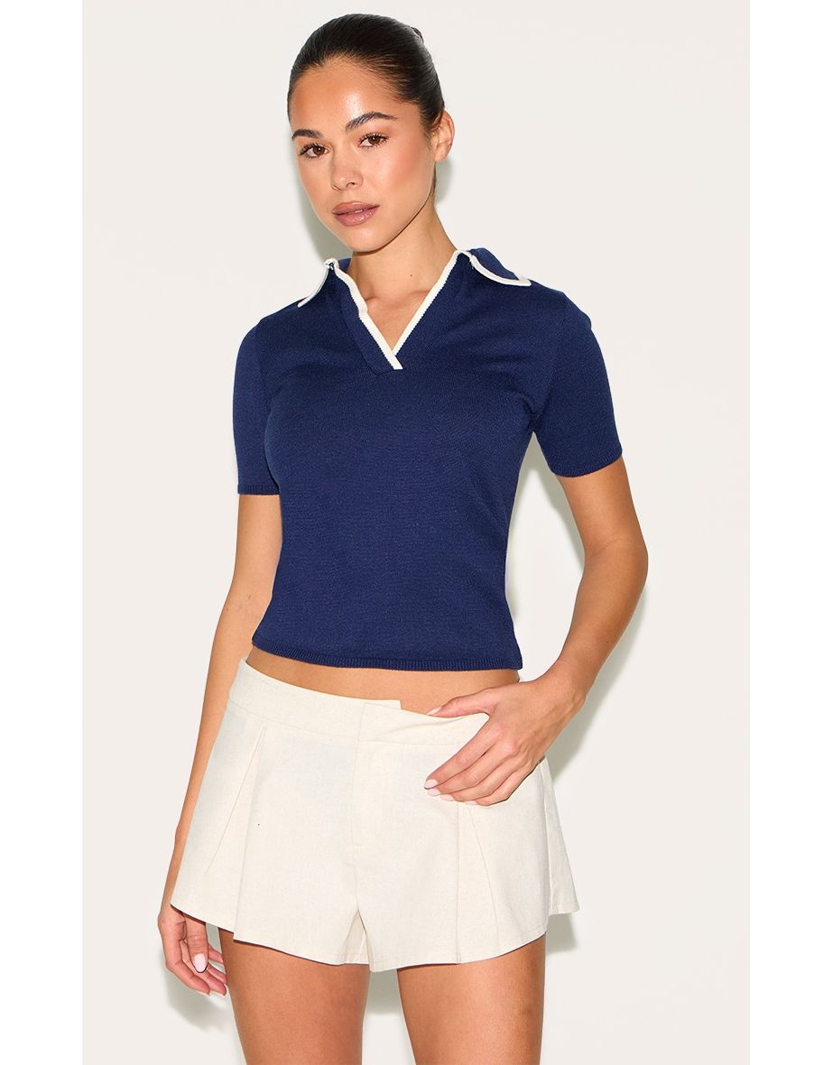 Navy Knitted Contrast Polo Collar Top