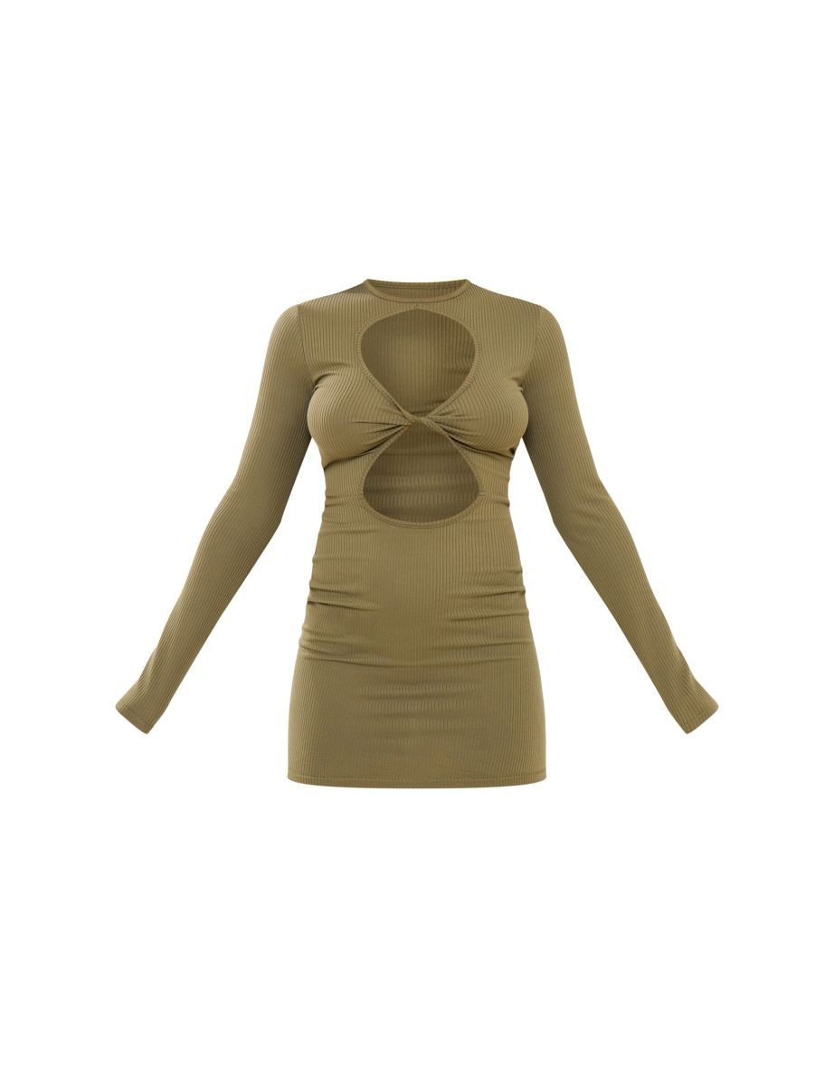Prettylittlething Green Bodycon Mini Dress with Long Sleeves - 4
