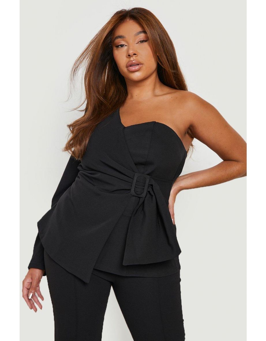 Plus Tailored One Shoulder Wrap Top - black