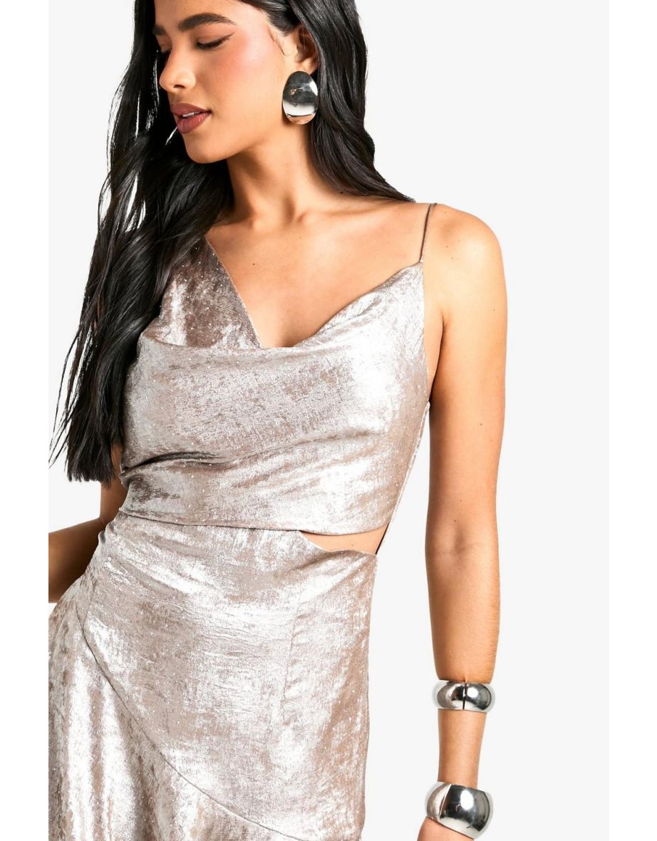 Cowl Neck Satin Diamante Mini Dress - silver - 3