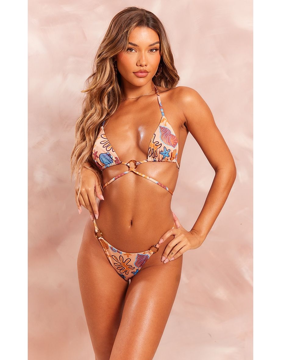 Beige Shellfish Print Tortiose O Ring Triangle Bikini Top