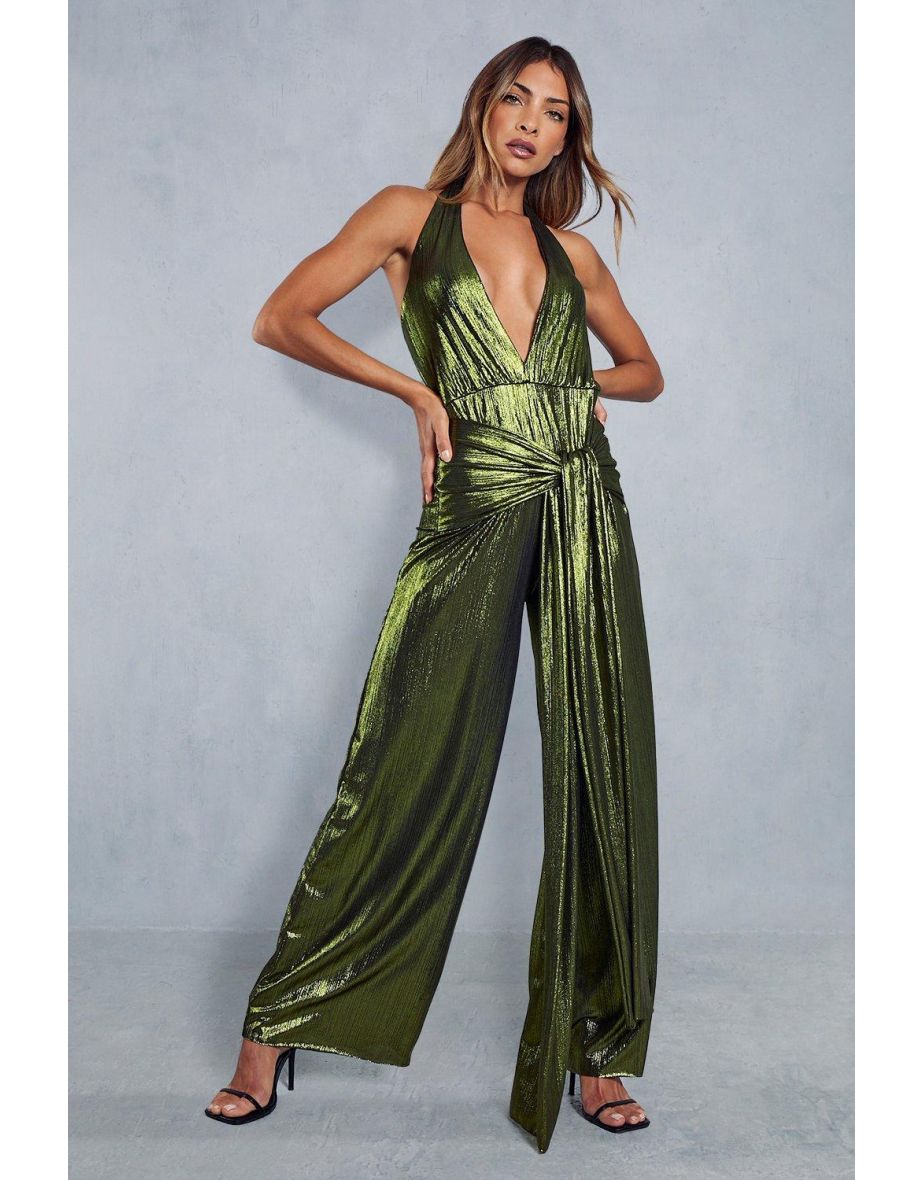 Green plisse plunge strappy jumpsuit discount