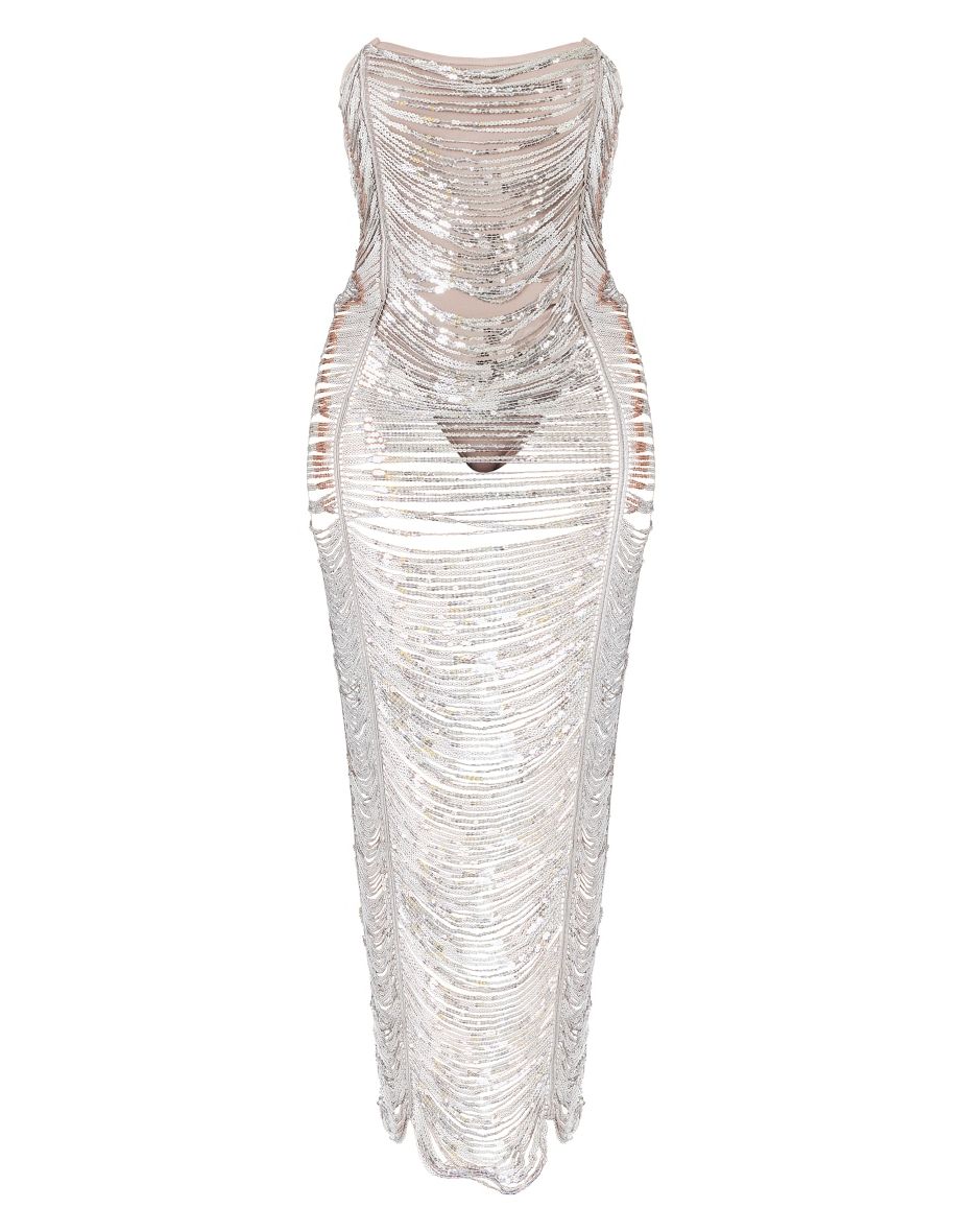 Shape Silver Sequin Fringe Bandeau Maxi Dress - 4
