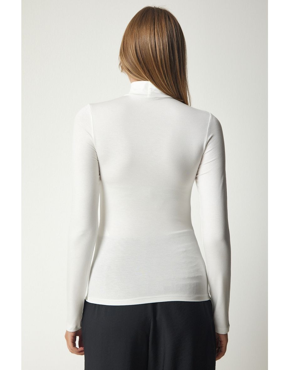 Women's Ecru High Neck Wrap Elastic Knitted Blouse - 4