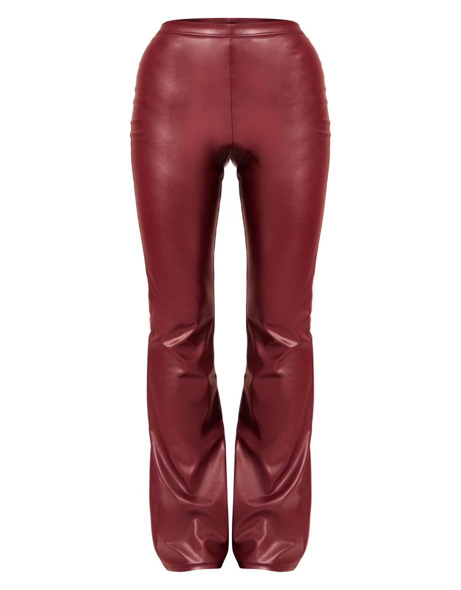 Dark Red Faux Leather High Waisted Flared Trousers - 4