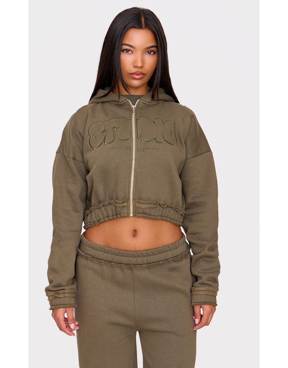 PRETTYLITTLETHING Taupe Studio Embroidered Raw Hem Detail Zip Up Hoodie