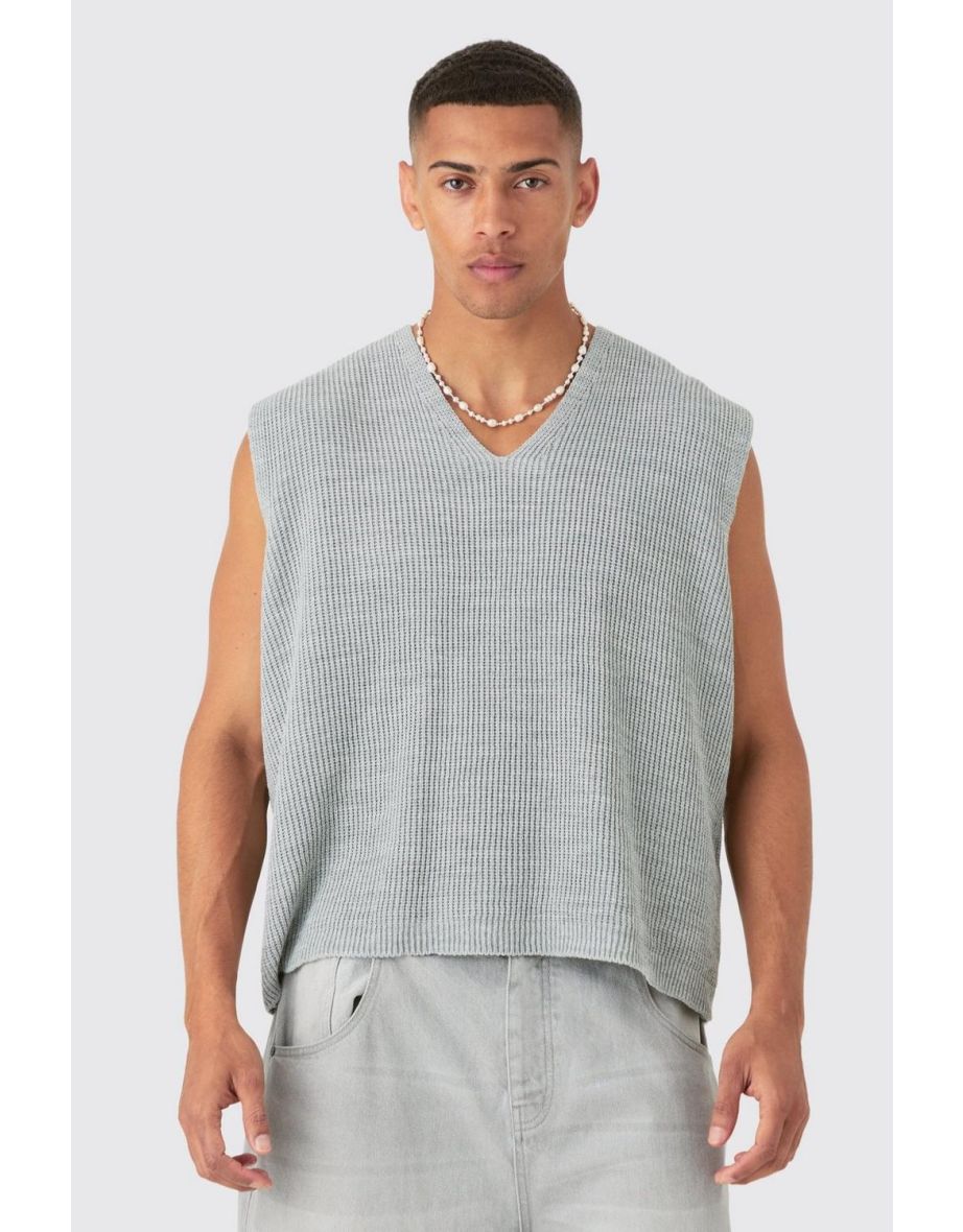 Boxy Ribbed V Neck Sweater Vest - light grey - 2