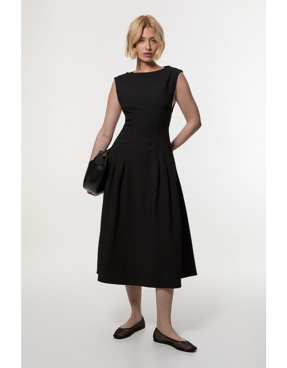 Compact Stretch Open Back Full Skirted Tailored Midi Dress