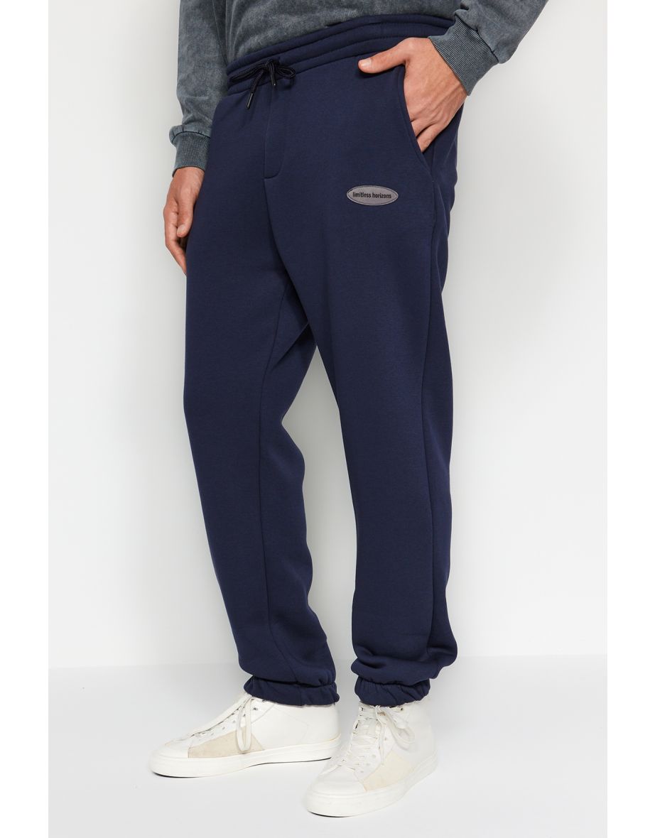 Navy Blue Oversize/Wide Cut Sweatpants with Phone Pocket and Label - 7