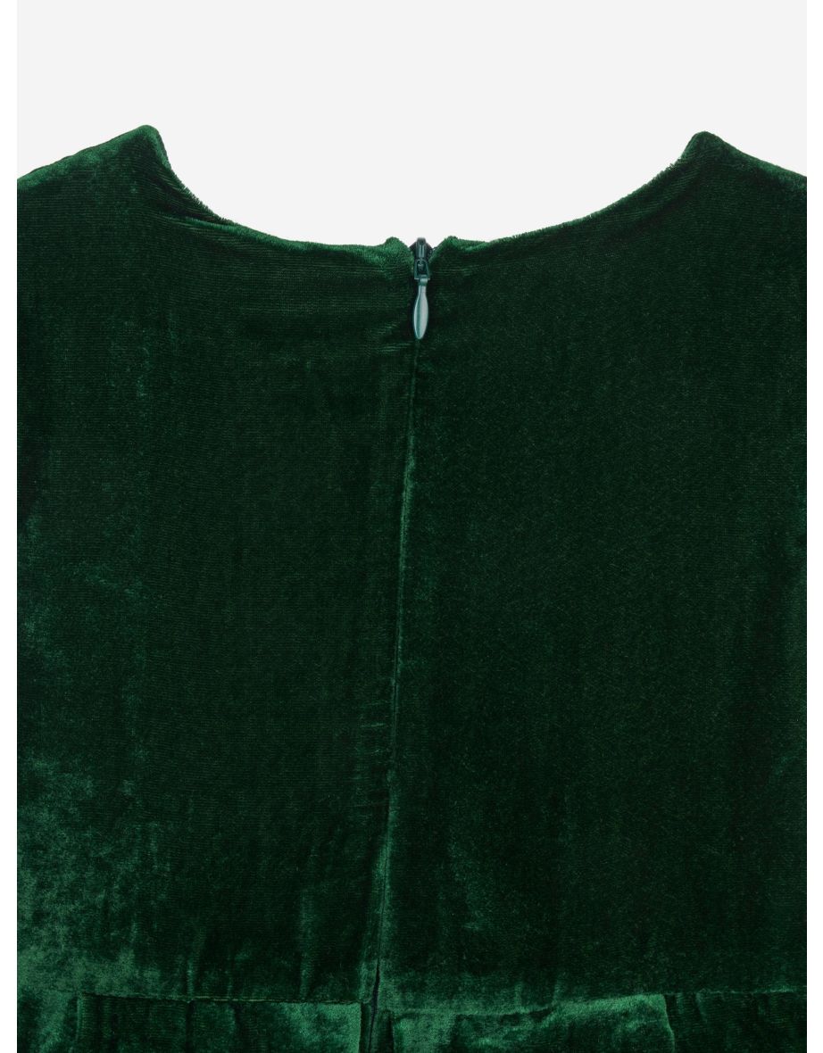 Girls Tartan Bow Velvet Dress in Green - 4