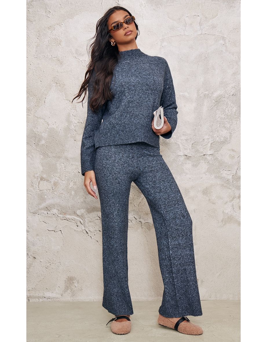 Charcoal Blue Luxe Knit High Neck Open Back Jumper