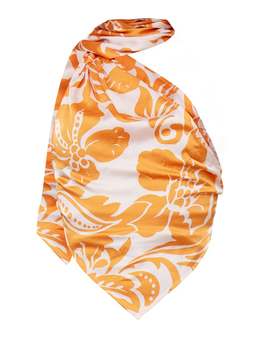 Orange Floral Printed Satin Scarf Detail Halterneck Crop Top - 2