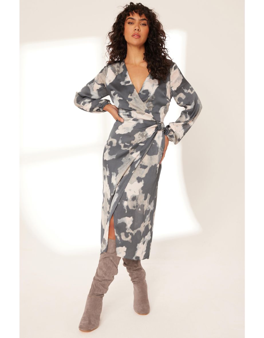 Shop Grey Smudge Print Wrap Midi Dress Online in Bahrain VogaCloset