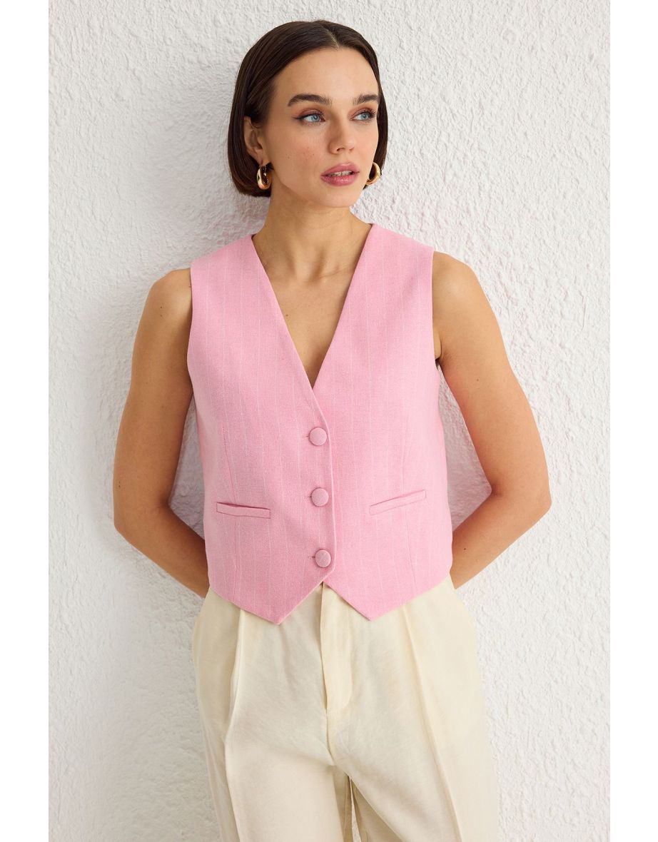 Light Pink Regular Striped Cotton Linen Crop Woven Vest